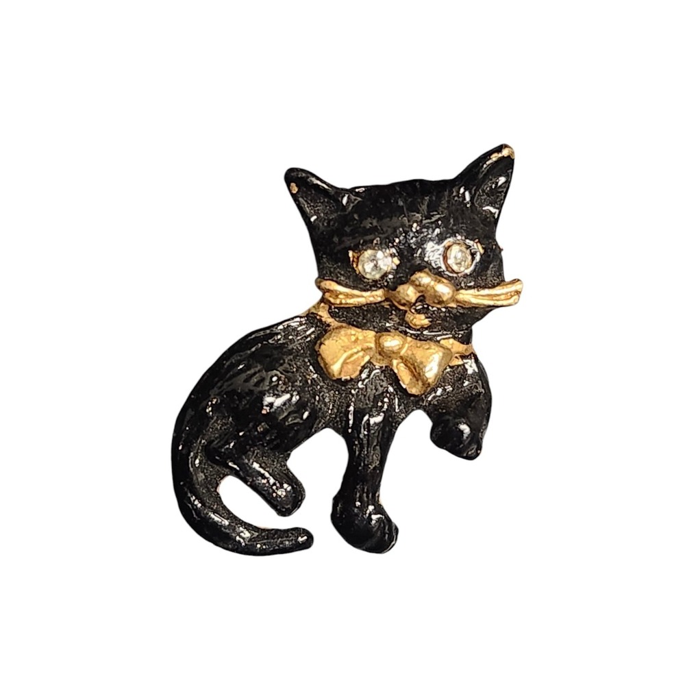 Vintage Kitty Cat Enamel Broocheโ Pin Rhinestone Eyes